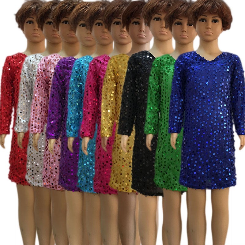 Sequin Dress Long Sleeve Dancing Dress Girl Baby Group Singing Long Dress Stretch Shiny Princess Dress - Image 1