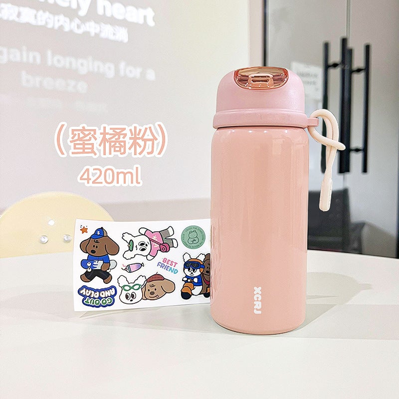 Simple school thermos cup student special portable straw cup cartoon cute small stainless steel cup wholesale X-212W pink