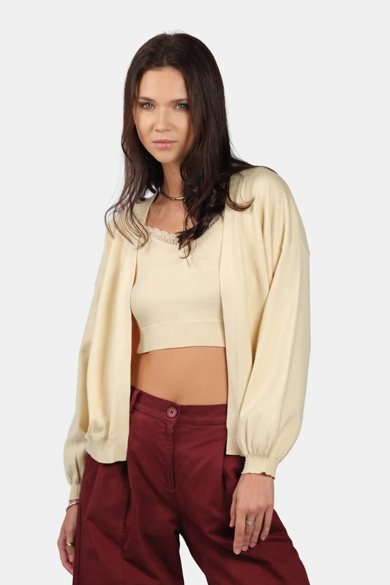 Virgio Self Design Viscose Lurex Relaxed Fit Open Knit Cardigan for Women