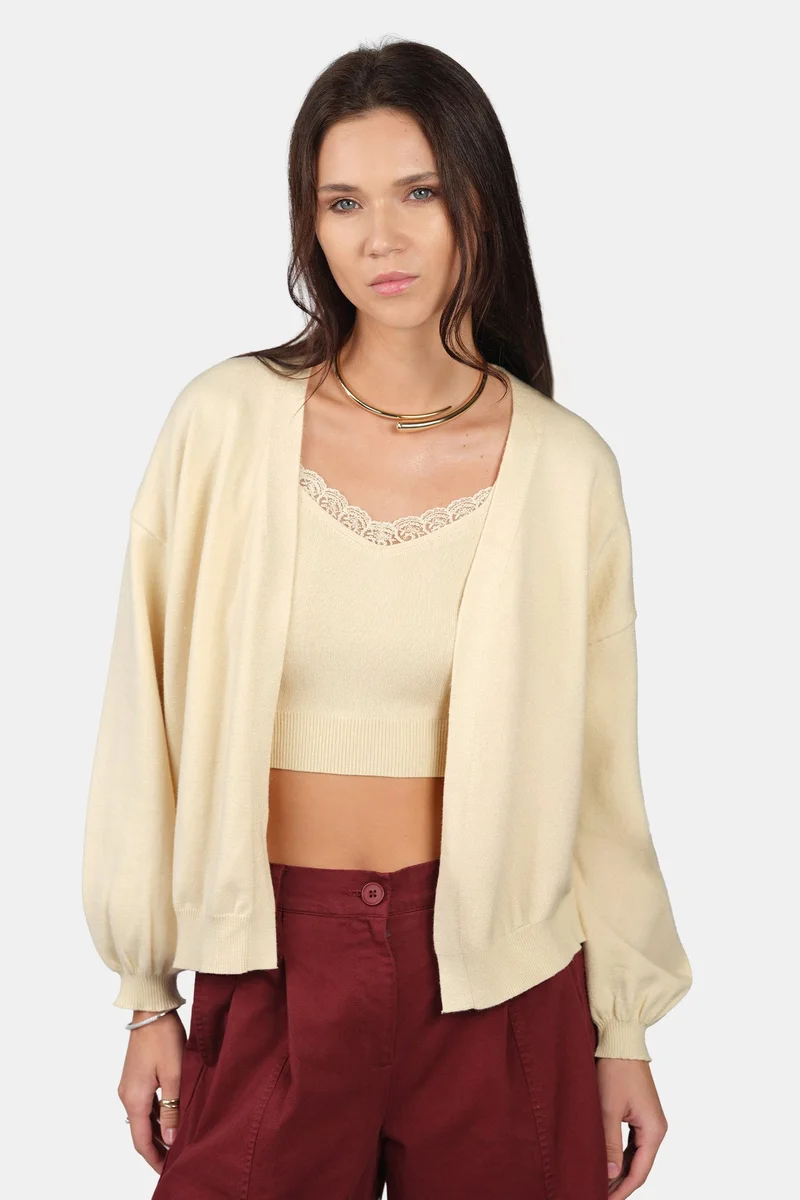 Virgio Self Design Viscose Lurex Relaxed Fit Open Knit Cardigan for Women