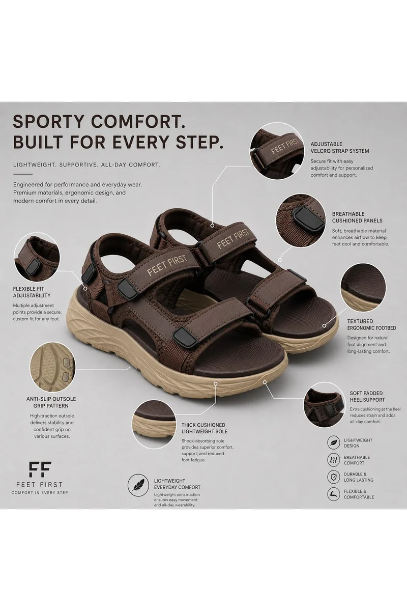 Feet First Men’s Sports Sandals with Adjustable Velcro Straps – Lightweight Comfort Outdoor Walking Sandals