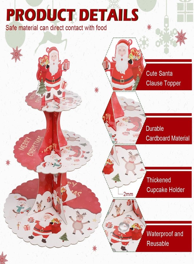 Ufurty 3 Tiers Santa Claus Christmas Cupcake Stand, Round Shape Cake Stand Macaron Display Rack Dessert Cookie Candy Fruit Cardboard Tray Christmas Decoration Set by Greatstar - Image 2