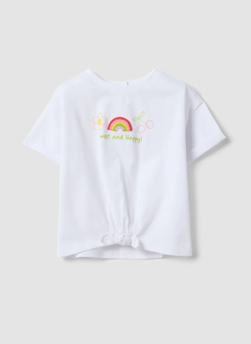 او في اس OVS Girlsâ€™ White Pure Cotton Regular-Fit T-Shirt With Embroidery And Bow