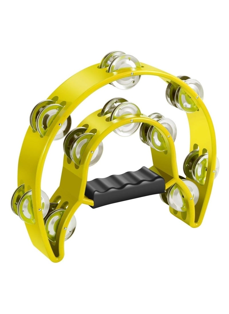 Megarya Megarya Tambourine Metal Half Moon Musical Instruments Double Row Metal Jingles Hand Held Instruments Percussion with Ergonomic Handle Grip, Tambourines for Adults Church, Yellow  - Image 1