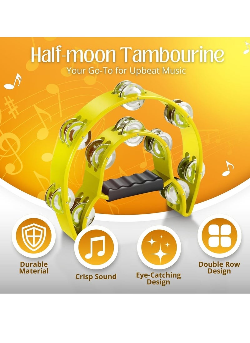 Megarya Megarya Tambourine Metal Half Moon Musical Instruments Double Row Metal Jingles Hand Held Instruments Percussion with Ergonomic Handle Grip, Tambourines for Adults Church, Yellow  - Image 3