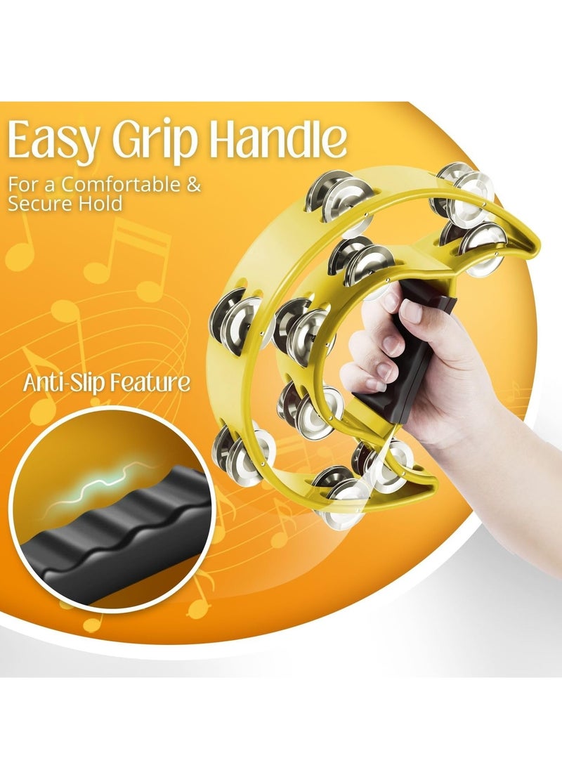 Megarya Megarya Tambourine Metal Half Moon Musical Instruments Double Row Metal Jingles Hand Held Instruments Percussion with Ergonomic Handle Grip, Tambourines for Adults Church, Yellow  - Image 4