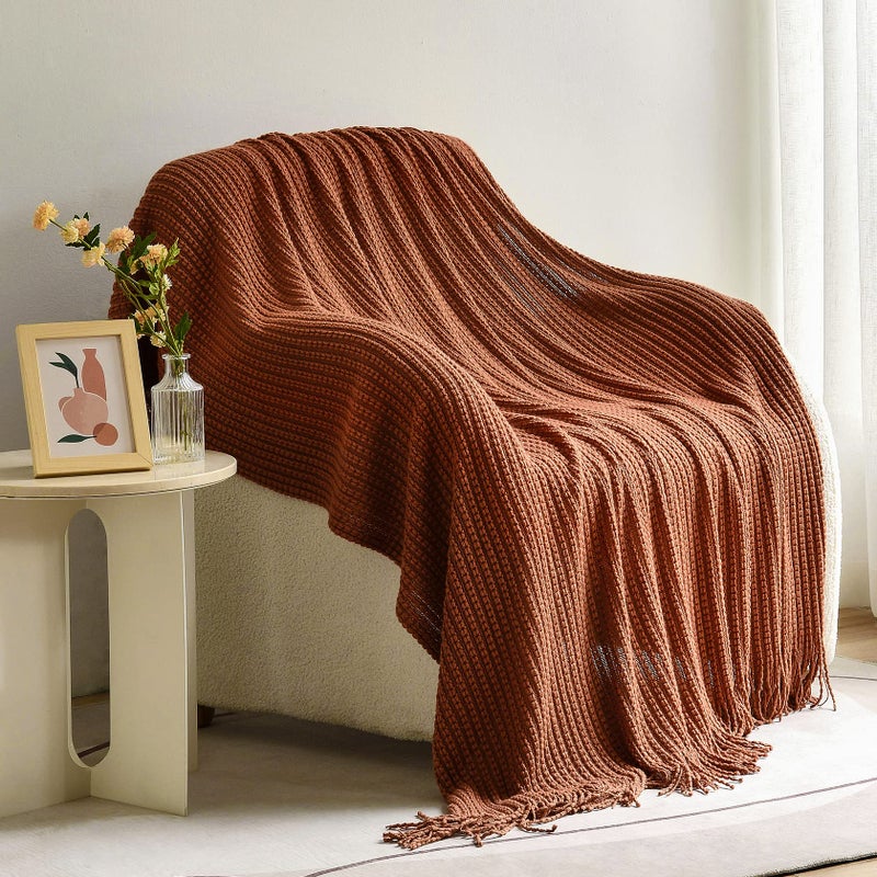 Blagic Knitted Throw Blanket for Couch Soft Farmhouse Boho Fall Throw Blanket with Tassels Home Decorative Lightweight Throw Blankets  Orange Rust Throws for Bed/Chair/Sofa  50"" W x 60"" L - Image 1