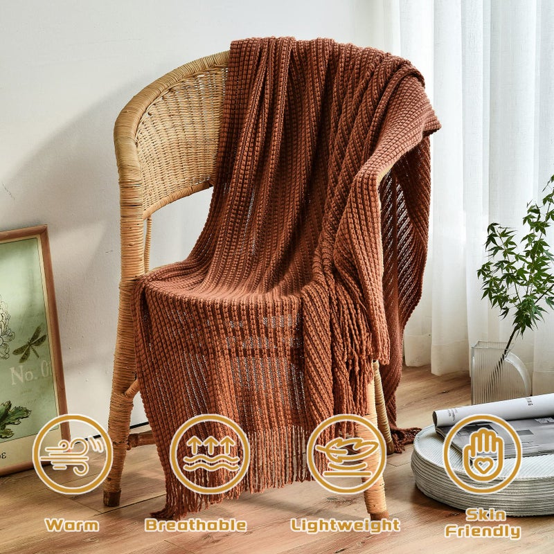 Blagic Knitted Throw Blanket for Couch Soft Farmhouse Boho Fall Throw Blanket with Tassels Home Decorative Lightweight Throw Blankets  Orange Rust Throws for Bed/Chair/Sofa  50"" W x 60"" L - Image 3