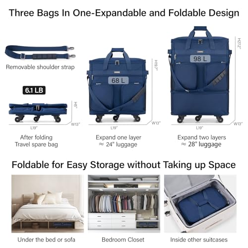Hanke Expandable Collapsible Luggage with Wheels Suitcase Luggage Rolling Travel Bag Duffel Bag for Men Women Lightweight Suitcase Large Capacity with Spinner Wheel Blue - Image 3