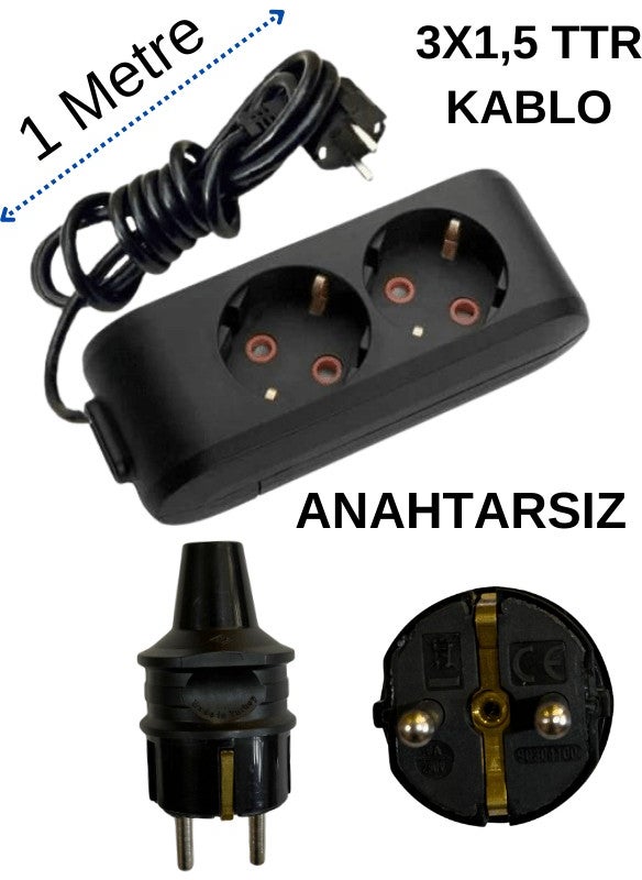 Avarson - (2/Plus) Double Socket with Grounded Cable Black (3x1.5 Ttr) 1 (One) Meter - Image 1