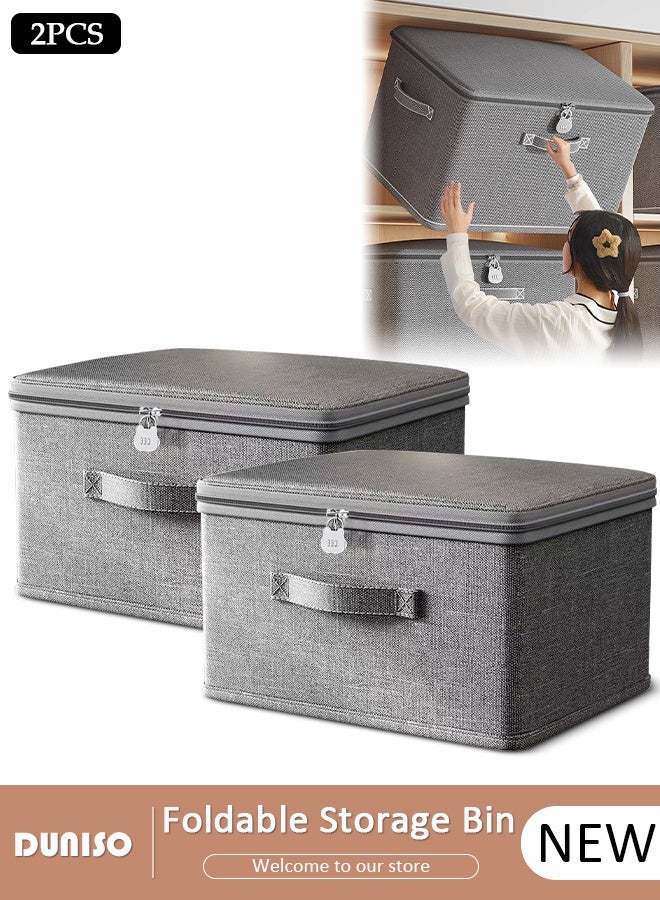 DUNISO 2 Pack Collapsible Rigid Zip Lidded Storage Boxes Foldable Closet Storage Box Washable Closet Storage Organizer Wardrobe Clothes Organizer Cube Storage Bin Closet Organizer Storage Basket with Handle for Clothing Jeans Blankets Toys - Image 1