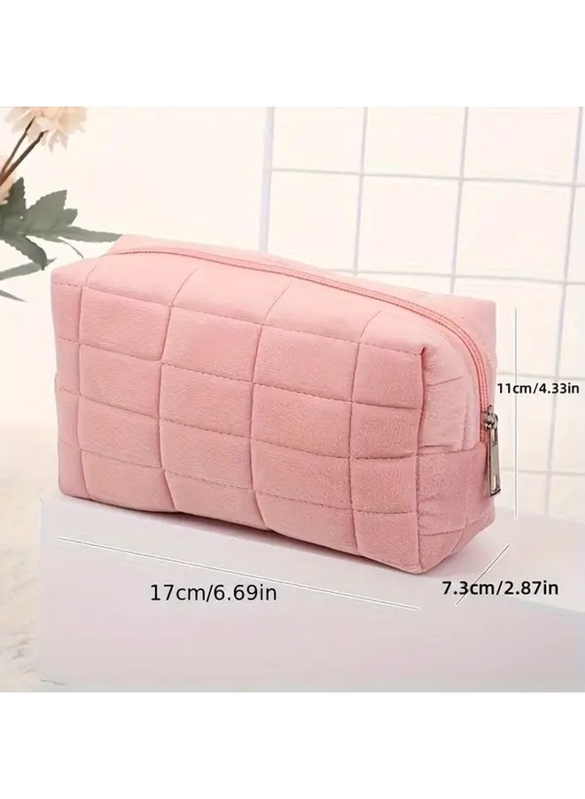Soft Square Padded Cosmetic Travel Bag With Zipper Cream Blue Large Capacity - Image 4