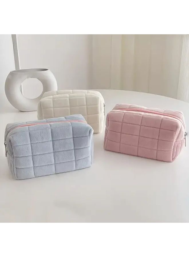 Soft Square Padded Cosmetic Travel Bag With Zipper Cream Blue Large Capacity - Image 1