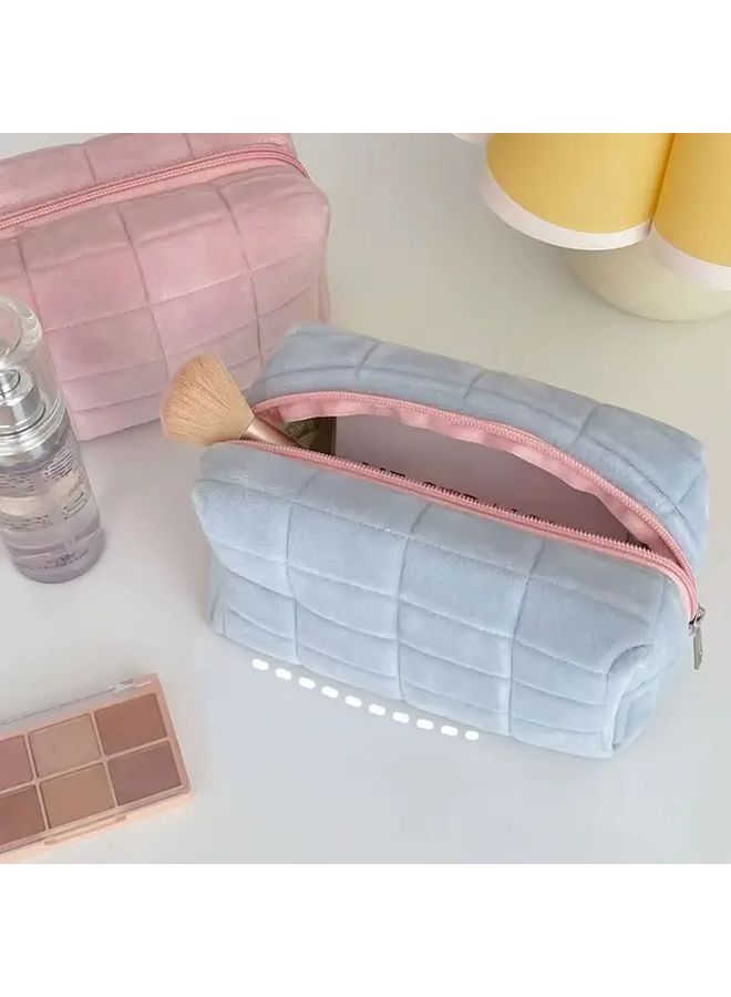 Soft Square Padded Cosmetic Travel Bag With Zipper Cream Blue Large Capacity - Image 2