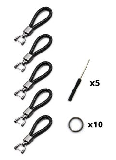 Teuuea 5 Pieces Universal Leather Keychain with Sturdy Metal Keyring Braided Leather Rope, 360 Degree Rotatable D-ring, Matte Black and Gray Car Key Chain Organizer, for Men Women with 5 Screwdriver  - Image 1