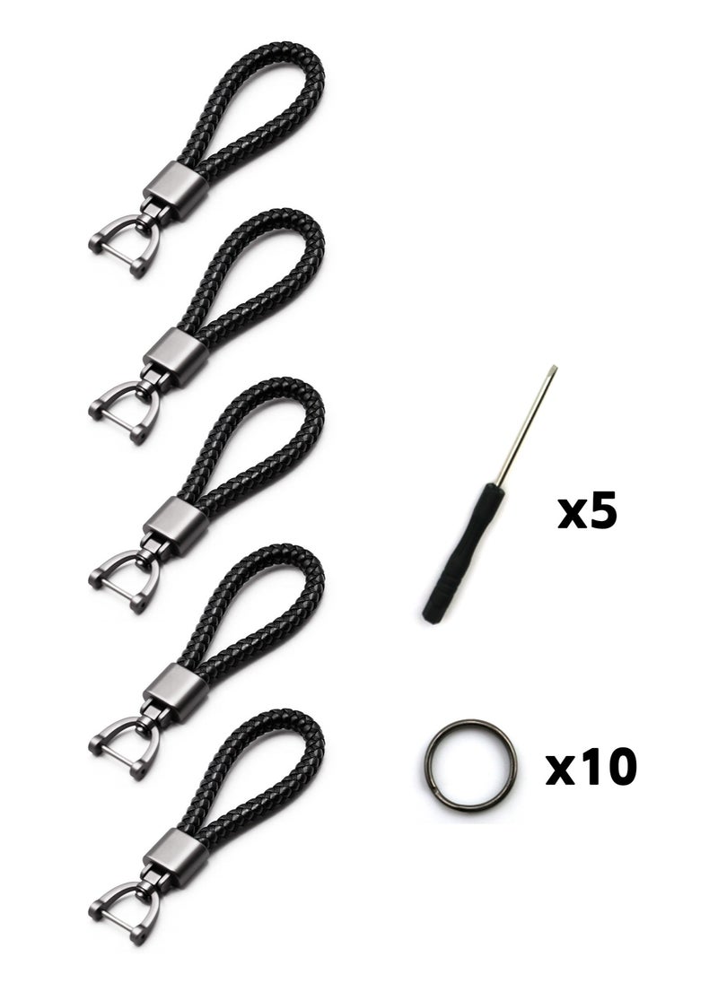 Teuuea 5 Pieces Universal Leather Keychain with Sturdy Metal Keyring Braided Leather Rope, 360 Degree Rotatable D-ring, Matte Black and Gray Car Key Chain Organizer, for Men Women with 5 Screwdriver  - Image 1