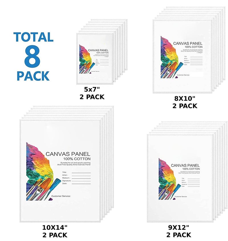 Qatalitic Cotton Canvas Boards for Painting, Pack of 8 Pcs. (2 Each x (5x7, 8x10, 9x12, 10x14 inches) - Multi Pack Art Paint Canvas Boards Set, 100% Cotton Blank Canvases for Oil, Acrylic - Image 3