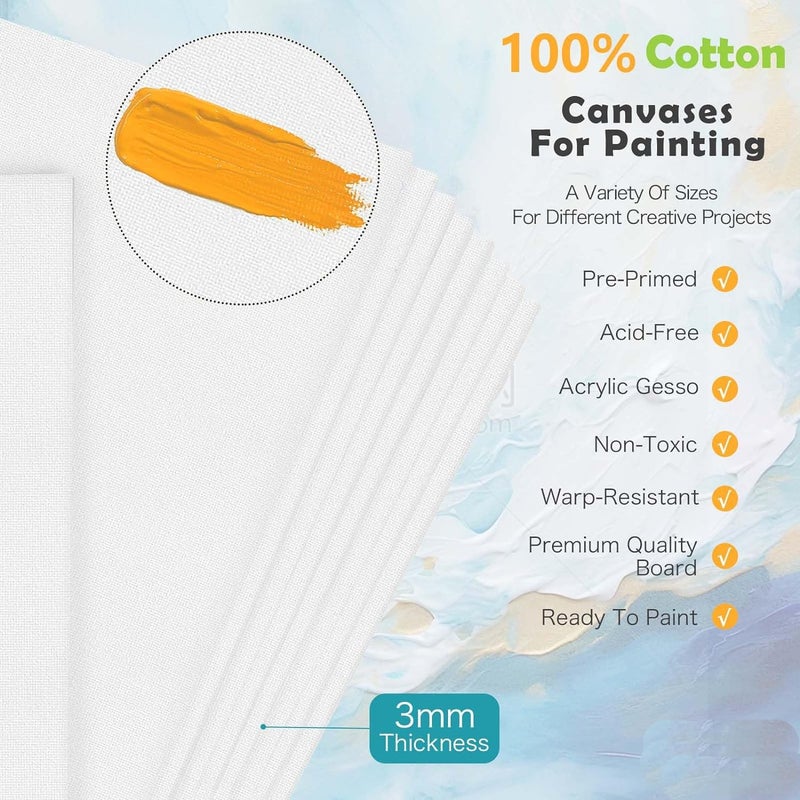 Qatalitic Cotton Canvas Boards for Painting, Pack of 8 Pcs. (2 Each x (5x7, 8x10, 9x12, 10x14 inches) - Multi Pack Art Paint Canvas Boards Set, 100% Cotton Blank Canvases for Oil, Acrylic - Image 2