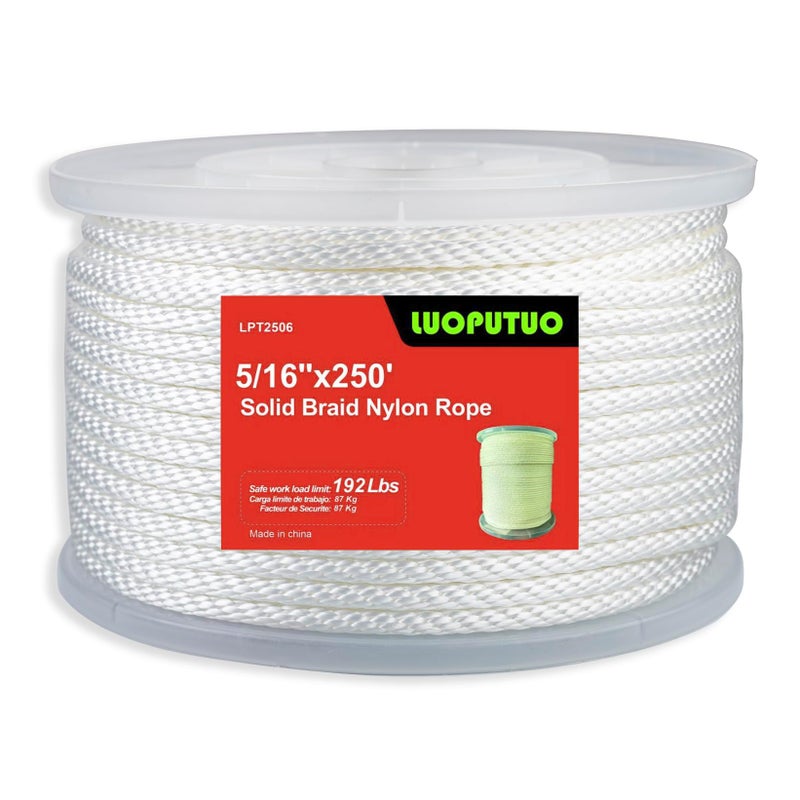 LUOPUTUO 5/16 Inch 250Ft White Nylon Solid Braid Rope | High Uv & Abrasion Resistance | Industrial Grade  Low Stretch | Multipurpose For Flag Poles  Clotheslines - Image 1