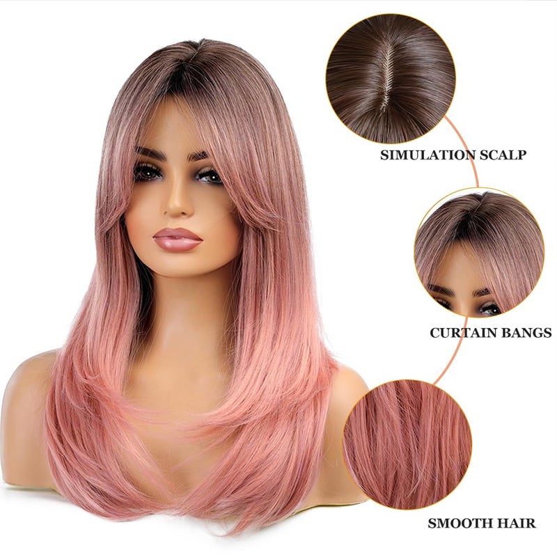 Esmee Long Straight Ombre Pink Wigs for Women Synthetic Layered Light Pink Hair Wig with Fringe for Daily Party Cosplay Use-20Inches - Image 3