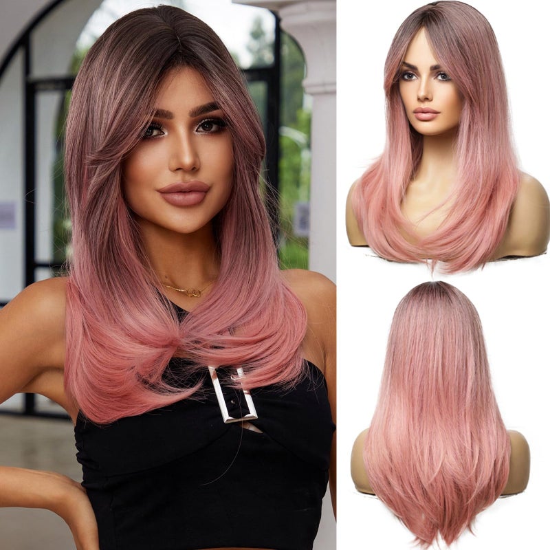 Esmee Long Straight Ombre Pink Wigs for Women Synthetic Layered Light Pink Hair Wig with Fringe for Daily Party Cosplay Use-20Inches - Image 1