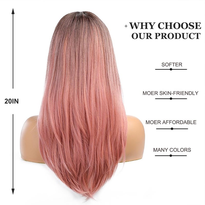 Esmee Long Straight Ombre Pink Wigs for Women Synthetic Layered Light Pink Hair Wig with Fringe for Daily Party Cosplay Use-20Inches - Image 4