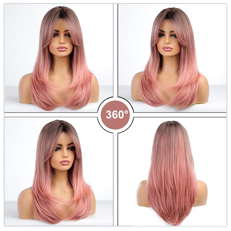Esmee Long Straight Ombre Pink Wigs for Women Synthetic Layered Light Pink Hair Wig with Fringe for Daily Party Cosplay Use-20Inches - Image 5