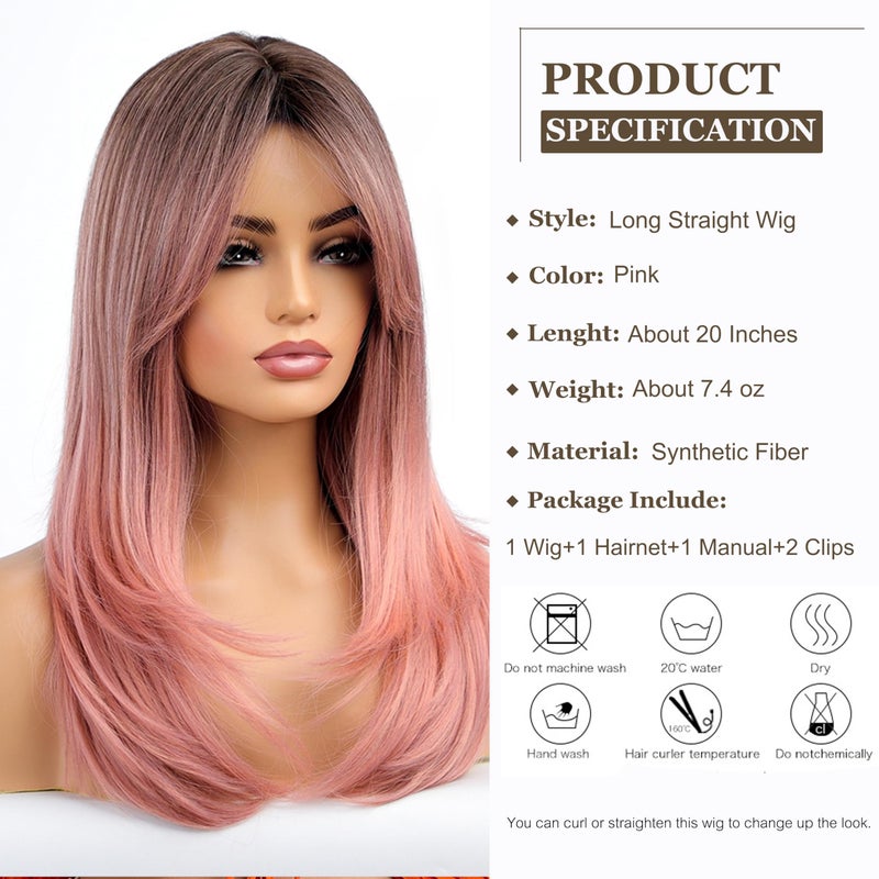 Esmee Long Straight Ombre Pink Wigs for Women Synthetic Layered Light Pink Hair Wig with Fringe for Daily Party Cosplay Use-20Inches - Image 2
