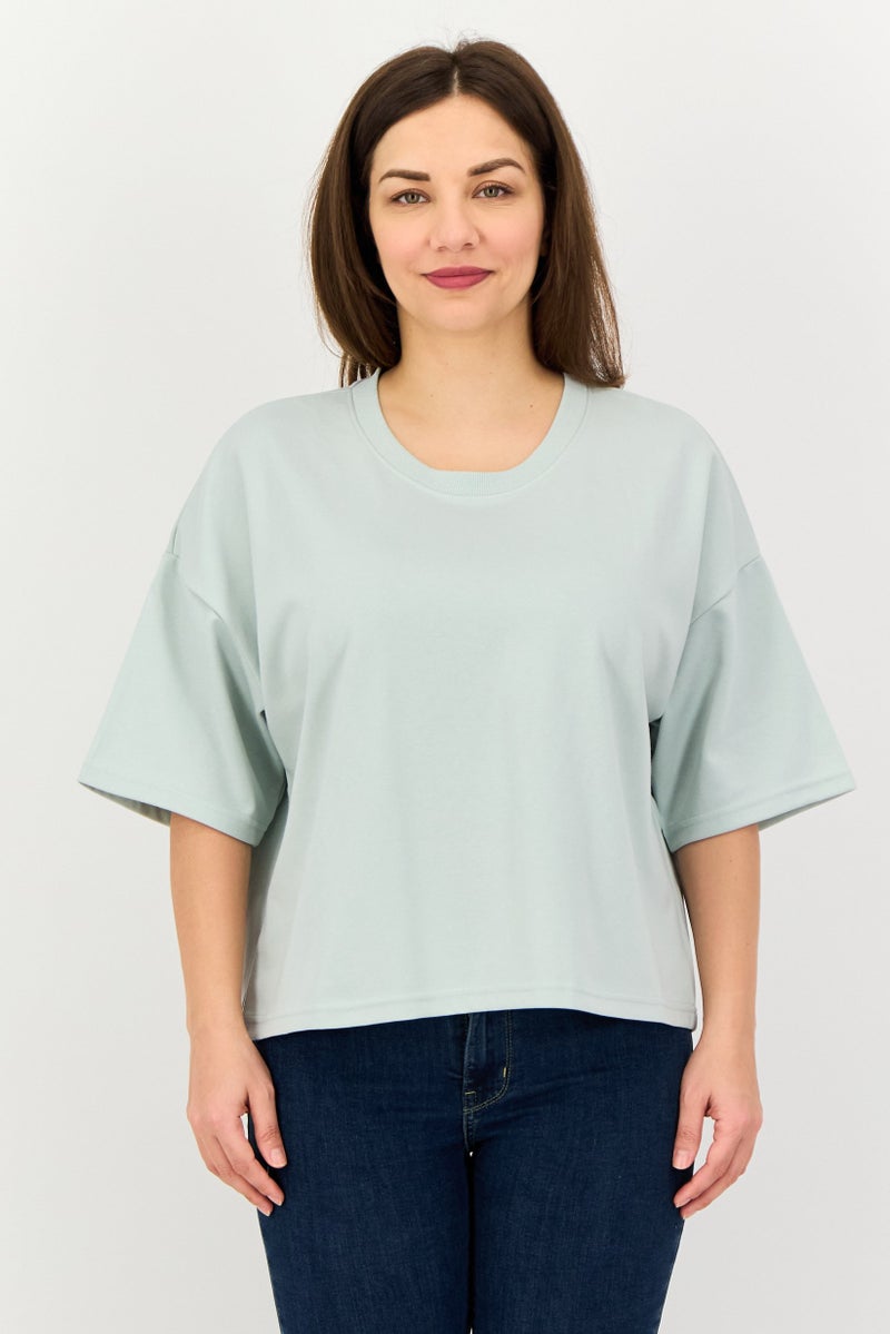 Core Elements Women Ribbed Neck Short Sleeve Plain Top, Mint Green - Image 1