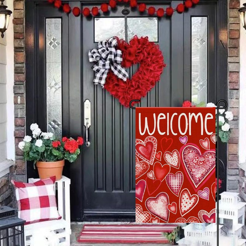 Decorhua Valentine Day Garden Flag Burlap 12x18 Double Sided, Spring Love Heart Sign Decoration for Outdoor Seasonal Yard DF397 - Image 2