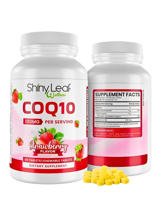 Shiny Leaf Shiny Leaf CoQ10 Supplement - COQ10 100mg - Fast-Absorbing, Coenzyme Q10 for Heart Health, Energy Boost - Non-GMO, Gluten-Free, 90 Ct.- Made in USA, Delicious Strawberry Flavored Tablets, Non-GMO  - Image 1