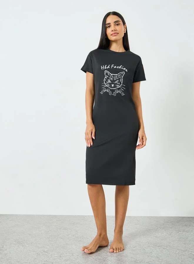 تايك تو Black Cat Print T-Shirt Dress