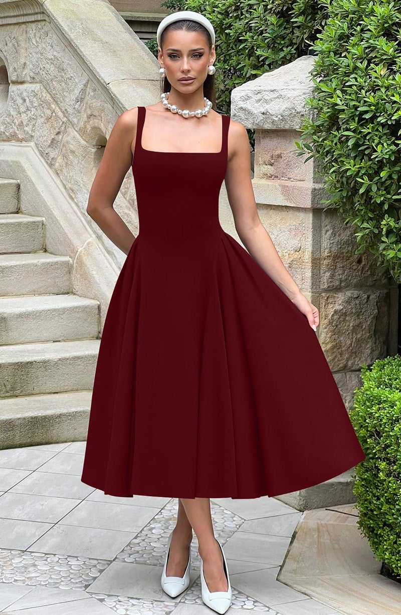 Memoriesea Women's Elegant Square Neck Swing A Line Wedding Evening Party Midi Dress Burgundy - Image 4