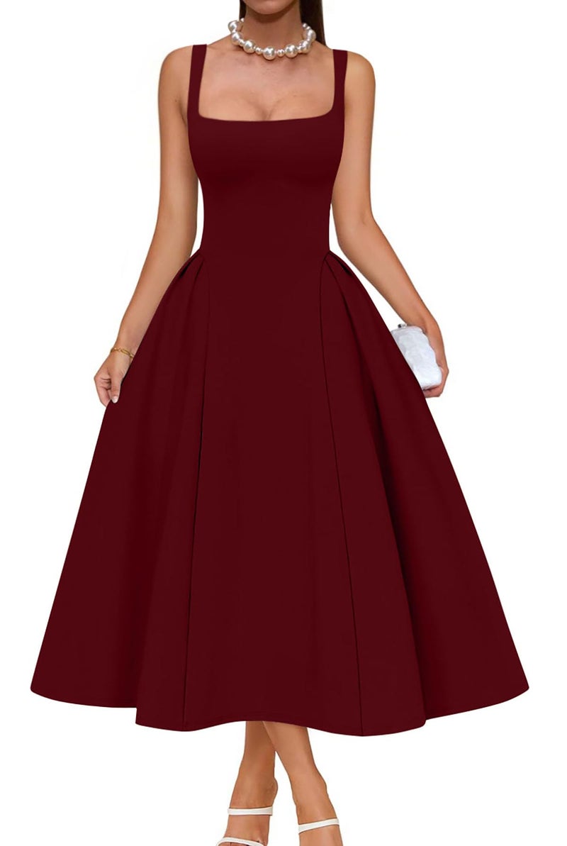 Memoriesea Women's Elegant Square Neck Swing A Line Wedding Evening Party Midi Dress Burgundy - Image 1