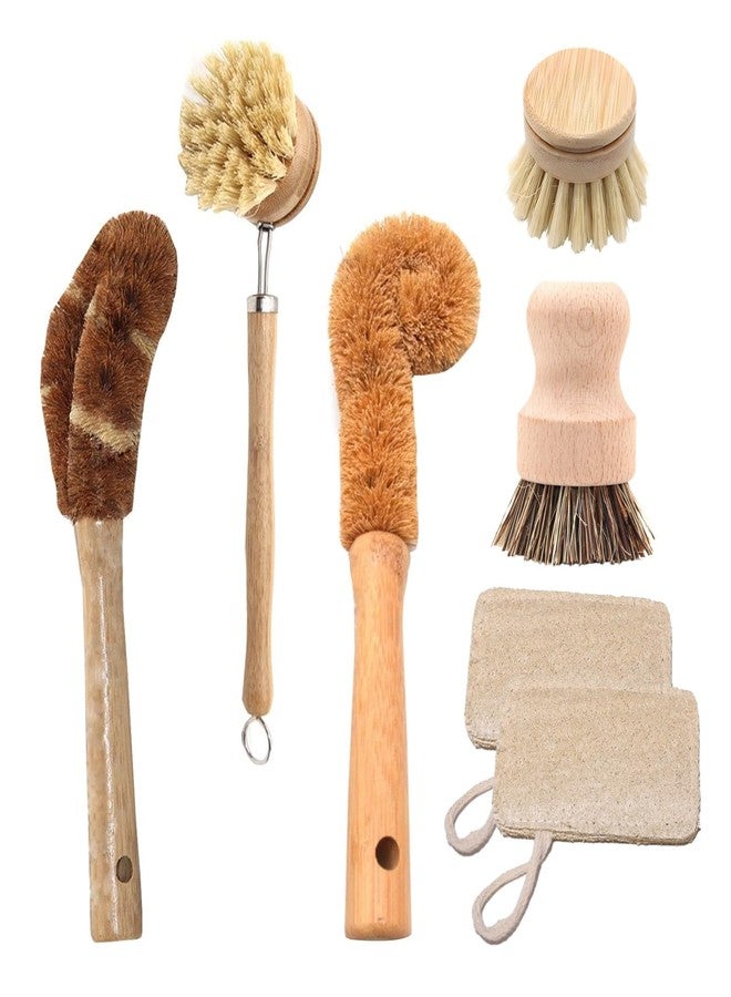 Haploon 7 Piece Wooden Dish Brush Natural,Bamboo Brush Kitchen Set Dish Cleaning Brush Pot Brush & Bottle Cleaner Beech Wood & Natural Bristles Bamboo Scrub Brush for Dishes Plastic Free - Image 1