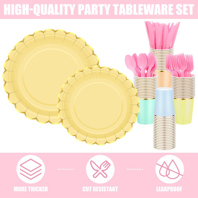 Yaomiao 168 Pcs Pastel Scalloped Paper Plates Cups Napkin with Gold Foil Pastel Disposable Dinnerware Set Easter Party Supplies Serve 24 Guests Princess Birthday Party Baby Shower Decorations - Image 3