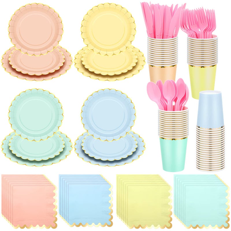 Yaomiao 168 Pcs Pastel Scalloped Paper Plates Cups Napkin with Gold Foil Pastel Disposable Dinnerware Set Easter Party Supplies Serve 24 Guests Princess Birthday Party Baby Shower Decorations - Image 1