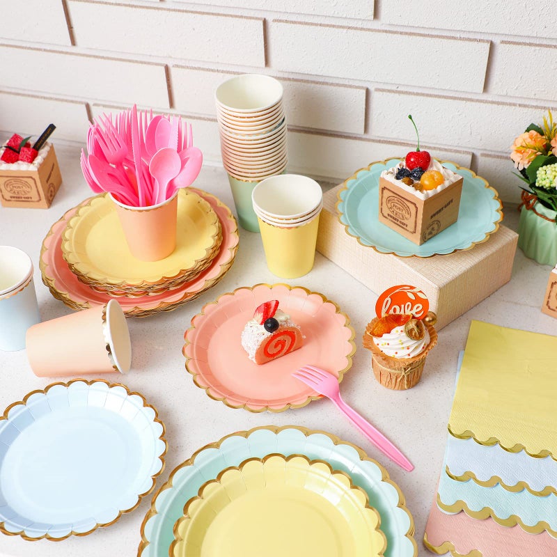 Yaomiao 168 Pcs Pastel Scalloped Paper Plates Cups Napkin with Gold Foil Pastel Disposable Dinnerware Set Easter Party Supplies Serve 24 Guests Princess Birthday Party Baby Shower Decorations - Image 5