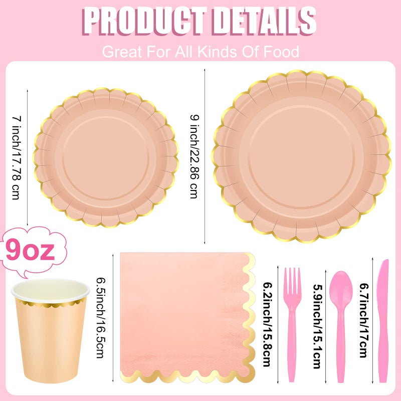 Yaomiao 168 Pcs Pastel Scalloped Paper Plates Cups Napkin with Gold Foil Pastel Disposable Dinnerware Set Easter Party Supplies Serve 24 Guests Princess Birthday Party Baby Shower Decorations - Image 2