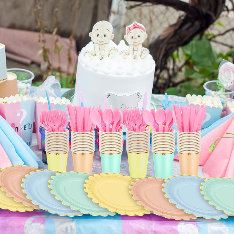 Yaomiao 168 Pcs Pastel Scalloped Paper Plates Cups Napkin with Gold Foil Pastel Disposable Dinnerware Set Easter Party Supplies Serve 24 Guests Princess Birthday Party Baby Shower Decorations - Image 4