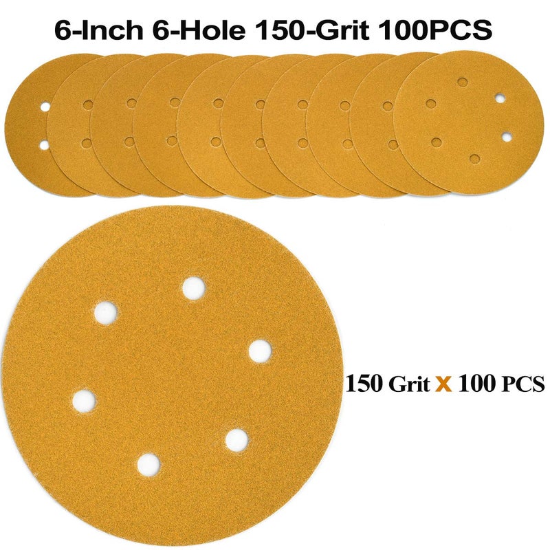 Aiyard 6-Inch 6-Hole Hook and Loop Sanding Discs 150-Grit, Random Orbital Sandpaper for Automotive and Woodworking, 100-Pack - Image 2