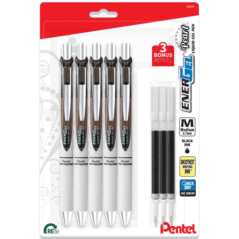 بنتل قلم جل سائل قابل للسحب من Pentel EnerGel 0.7 Pearl RTX - نقطة متوسطة - طرف إبرة - عبوة من 5 أقلام جل سوداء مع 3 عبوات - Image 1
