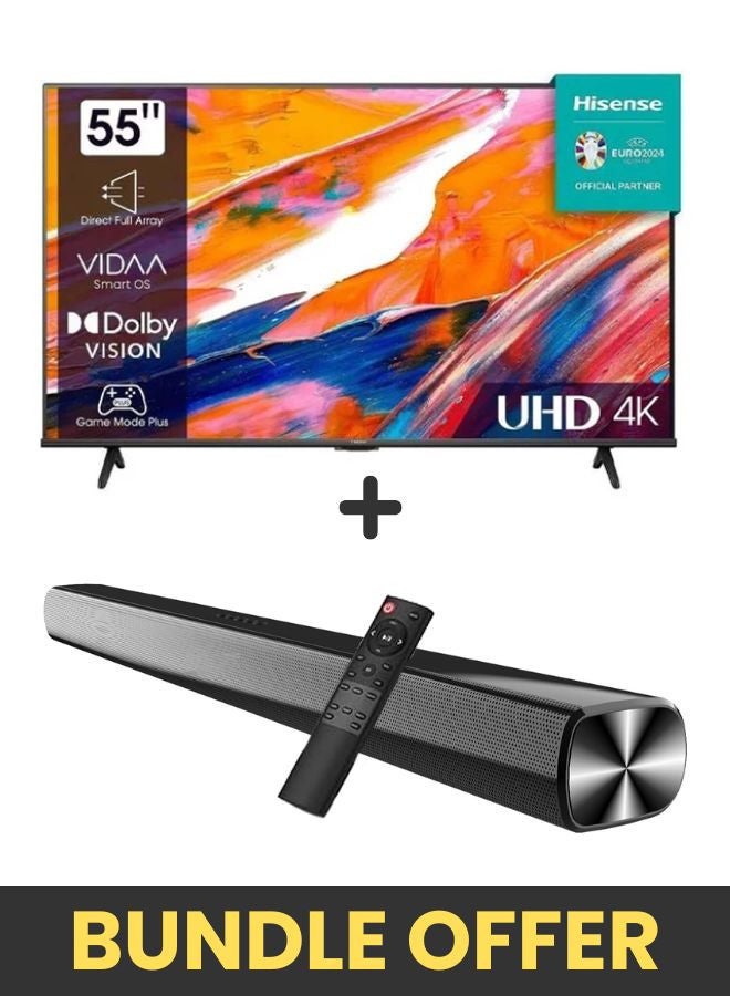 Hisense 55 Inch 4K UHD LED Smart TV, HDR, DTS, Virtual X, and Wi Fi With 2.0 Channel Soundbar 30W, HDMI ARC, Bluetooth, USB, MP3, FM Station 55A61K+SOUNDBAR Black - Image 1