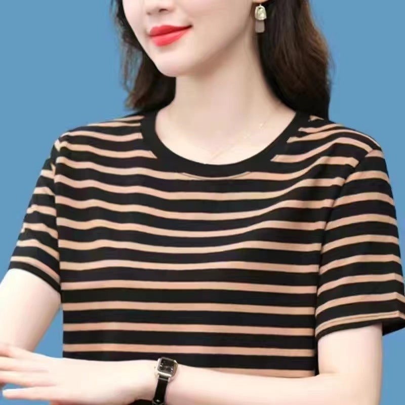 Cross-border Summer New Women's T-shirt Short-sleeved Top Large Size Loose All-match Half-sleeved Striped Round Neck Mother T-shirt - Image 5