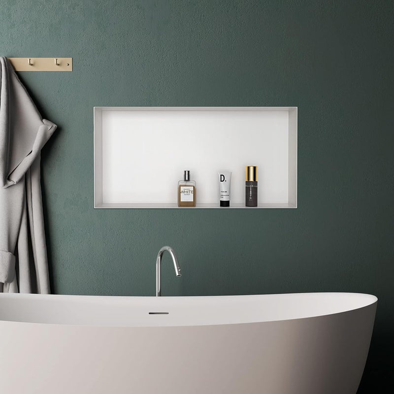 Bernkot Stainless Steel Shower Niche 24" X 12" White No Tile Needed Niche Shower for Bathroom Storage Recessed Wall Niches Bathroom Shelf Flush Mounted Installation - Image 2