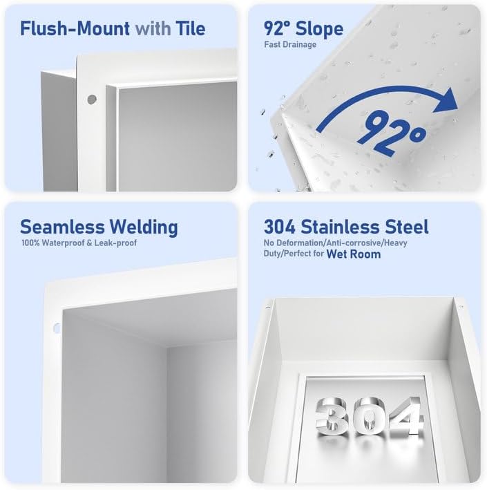 Bernkot Stainless Steel Shower Niche 24" X 12" White No Tile Needed Niche Shower for Bathroom Storage Recessed Wall Niches Bathroom Shelf Flush Mounted Installation - Image 5