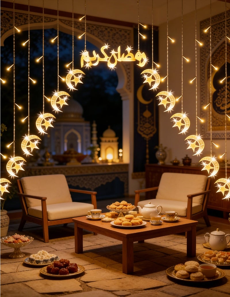 يواوليتي أضواء زينة رمضان، أضواء ليلية رمضانية، 12 سلسلة على شكل قمر ونجوم وعلامة زينة رمضانية للمنزل - Image 2