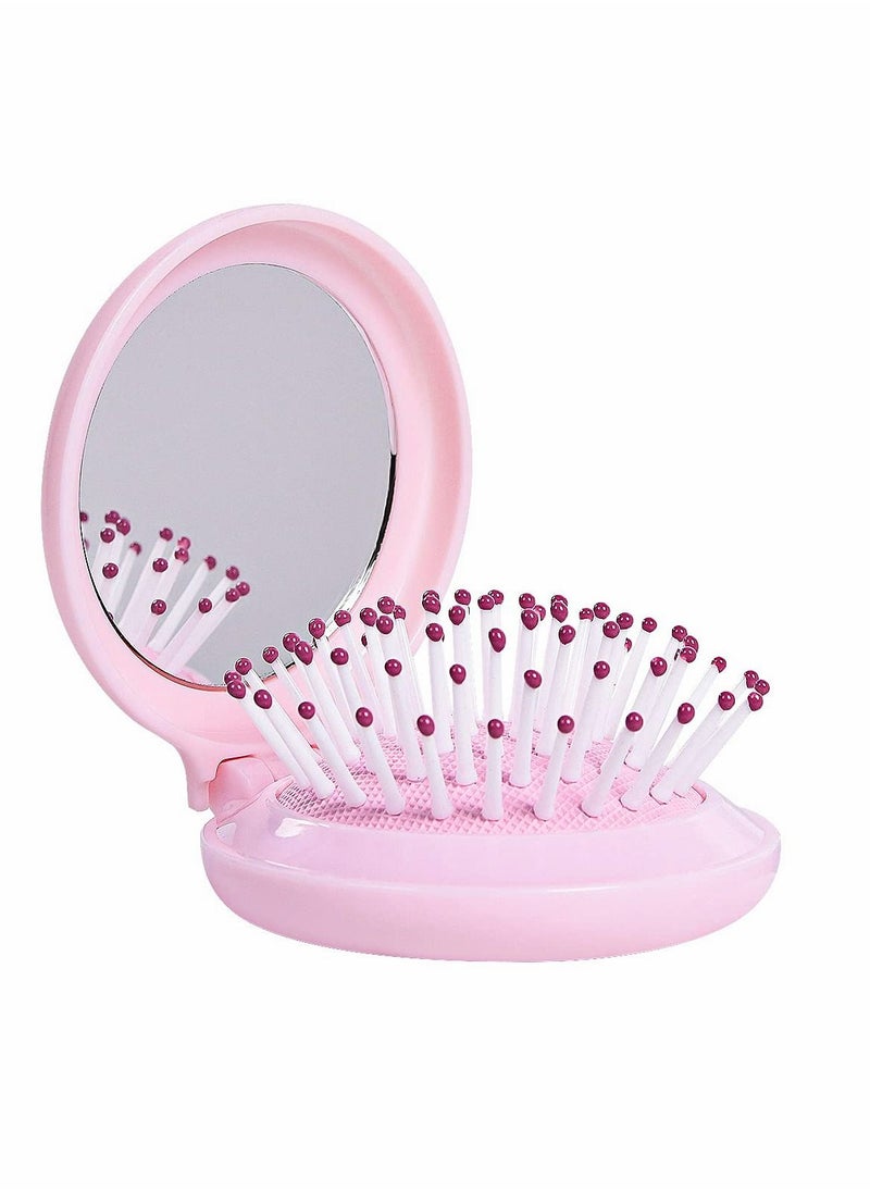 KASTWAVE Mini Hair Brush with Mirror Pocket for Girls Small Portable Round Plastic Foldable Airbag Comb Travel Size Pink  - Image 1