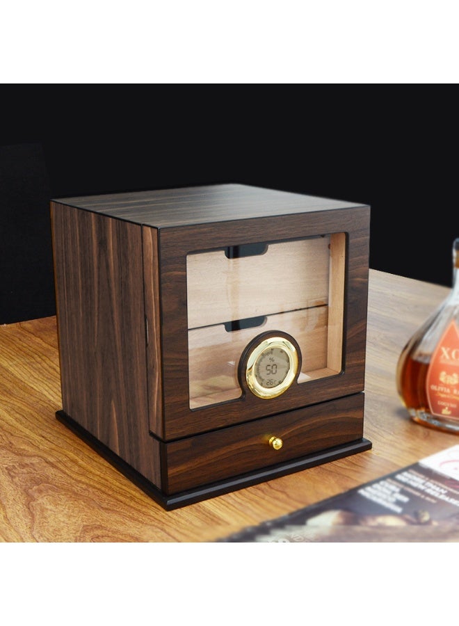 Hemingway Walnut Finish Storage Box with 2 Trays, Drawer, and Digital Hygrometer - Image 2
