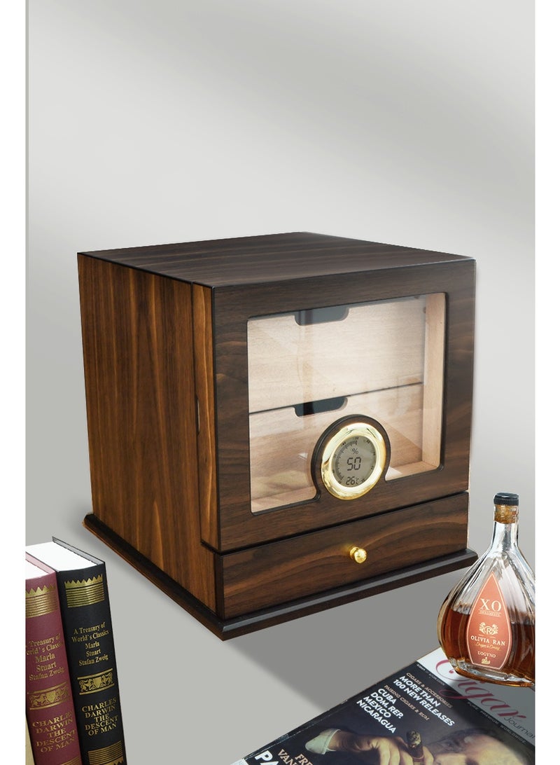 Hemingway Walnut Finish Storage Box with 2 Trays, Drawer, and Digital Hygrometer - Image 4